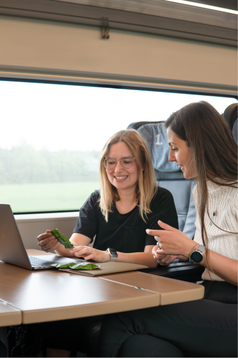 Zwei Frauen sitzen in einem Zugabteil und arbeiten gemeinsam an einem Laptop, während eine von ihnen eine grüne Keksverpackung hält.