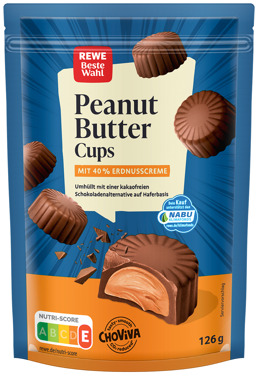 Rewe Beste Wahl Peanut Butter Cups with 40% peanut creme and coated with ChoViva